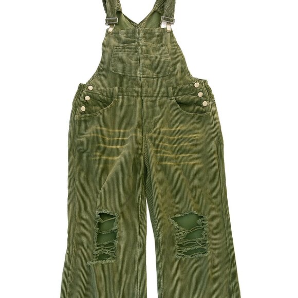 BiBi Women’s Corduroy Bib Overalls Size L Green Wide-Leg Distressed-A182 - Picture 1 of 11